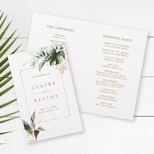 Tropical Foliage Wedding Gold Ceremony Program (Front & Inside)