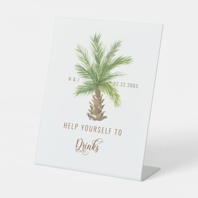Tropical Foliage Wedding Help Yourself to Drinks Pedestal Sign (Front)