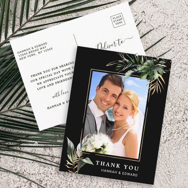 Tropical Foliage Wedding Photo Black Thank You Postcard (Front & Back)
