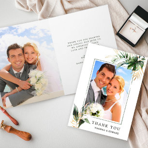 Tropical Foliage Wedding Photo Gold Thank You Card