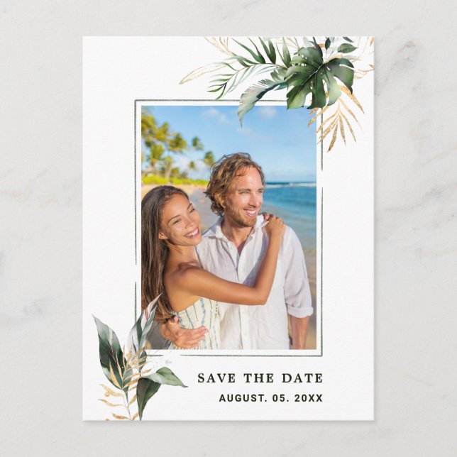 Tropical Foliage Wedding Photo Save The Date  Announcement Postcard (Front)