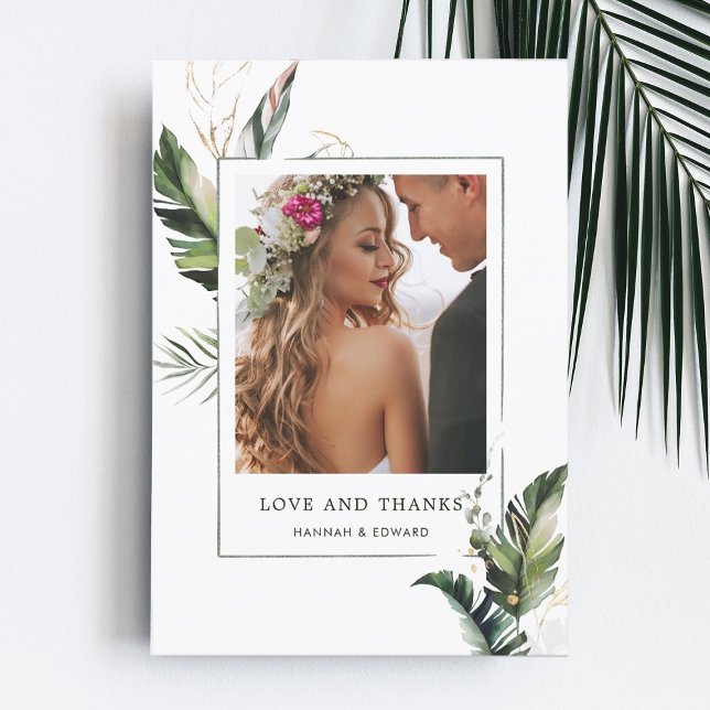Tropical Foliage Wedding Photo Thank You Card (Creator Uploaded)