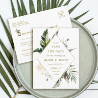 Tropical Foliage Wedding Save the Date Gold
