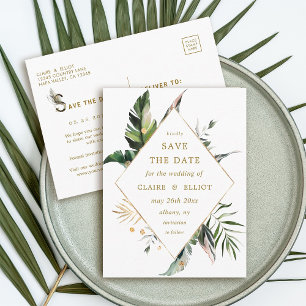 Tropical Foliage Wedding Save the Date Gold Announcement Postcard