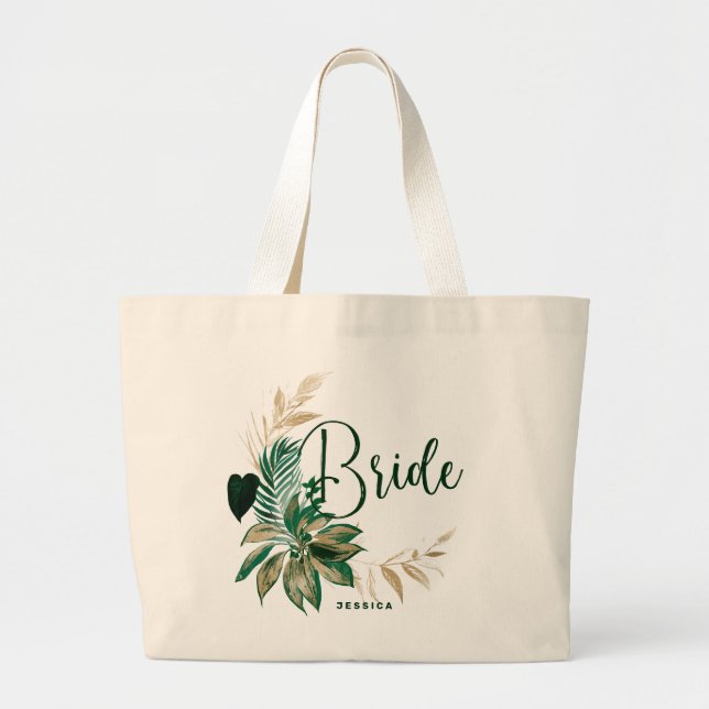 Tropical Foliage Wreath Greenery Gold Bride Large Tote Bag (Front)