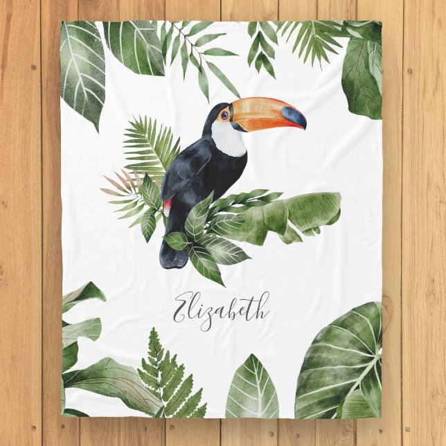 Tropical Forest Cute Toucan Personalised Name Fleece Blanket (Creator Uploaded)