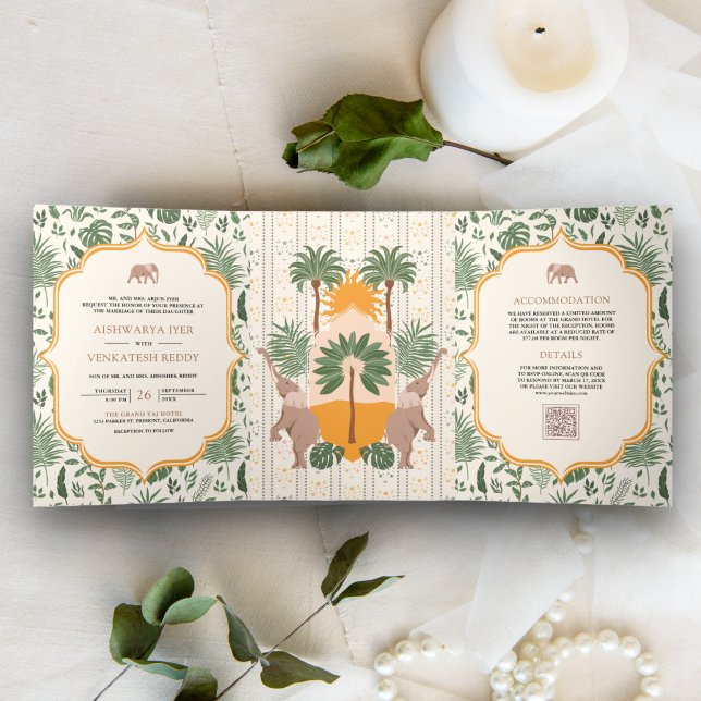 Tropical Forest Elephant All in One Indian Wedding Tri-Fold Invitation (Creator Uploaded)