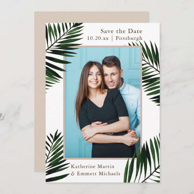 Tropical Frame Beige Wedding Save the Date Photo (Front/Back)