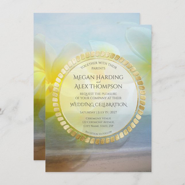 Tropical Frangipani Modern Beach Elegant Wedding Invitation (Front/Back)