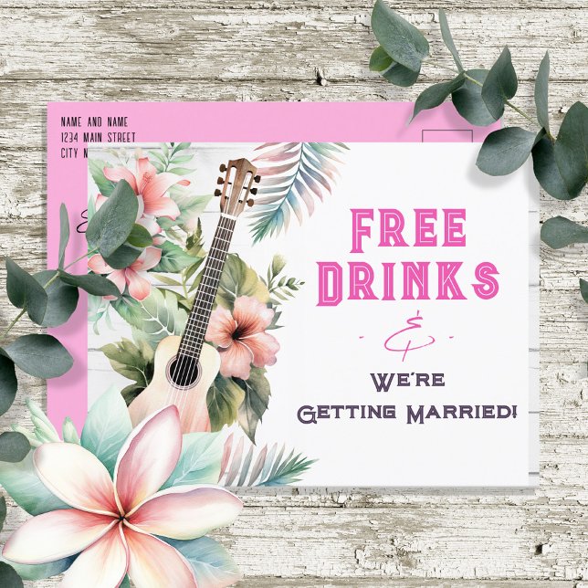 Tropical Free Drinks Funny Wedding Save the Date Postcard (Creator Uploaded)