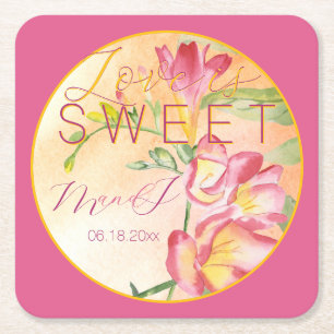 Tropical Freesia Watercolor Love is Sweet Square Paper Coaster