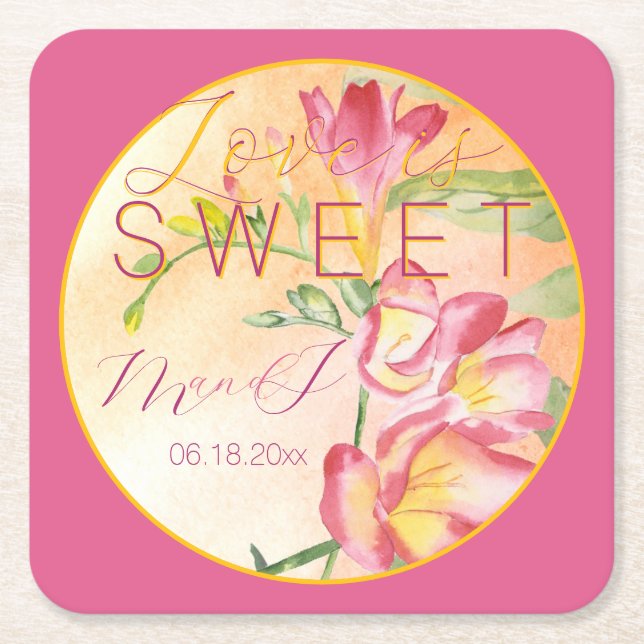 Tropical Freesia Watercolor Love is Sweet Square Paper Coaster (Front)
