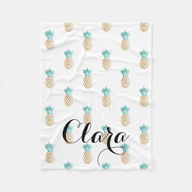 tropical fresh summer faux gold pineapple pattern fleece blanket (Front)