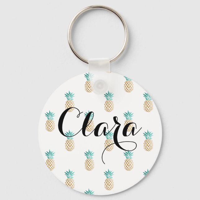 tropical fresh summer faux gold pineapple pattern key ring (Front)