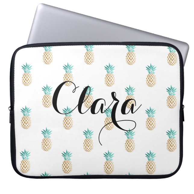 tropical fresh summer faux gold pineapple pattern laptop sleeve (Front)
