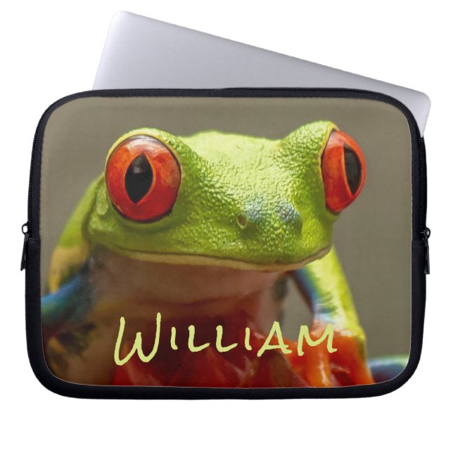 Tropical Frog Lime Green with Red Eyes Short Name Laptop Sleeve (Front)