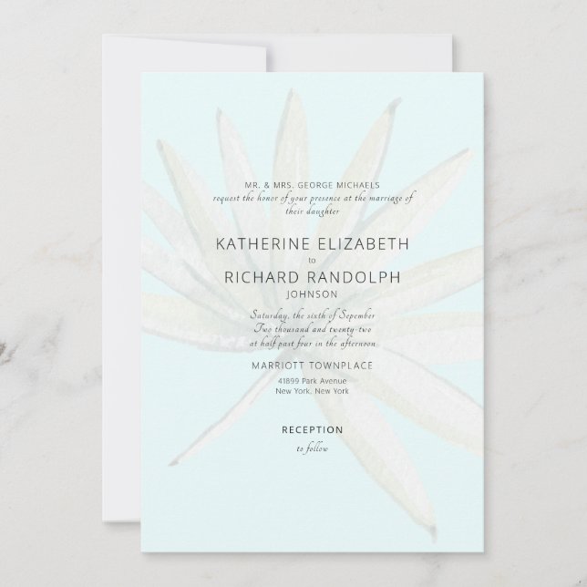 Tropical Frond Ice Blue Bride Parents Wedding Invitation (Front)