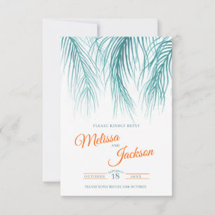 Tropical fronds foliage teal aqua orange wedding RSVP card