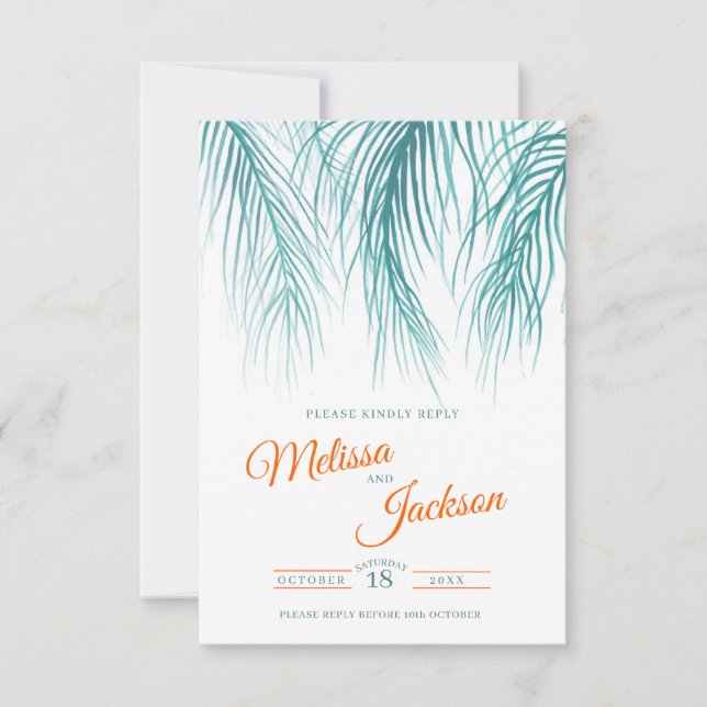 Tropical fronds foliage teal aqua orange wedding RSVP card (Front)