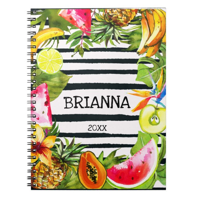 Tropical Fruit and Flowers on Black Stripes Notebook (Front)