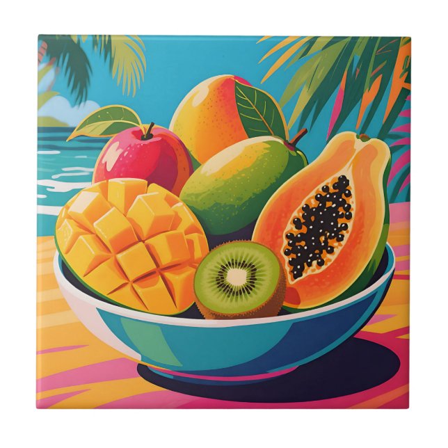 Tropical Fruit Bowl Illustration Ceramic Tile (Front)