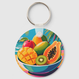 Tropical Fruit Bowl Illustration Key Ring