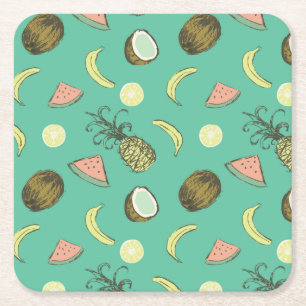 Tropical Fruit Doodle Pattern Square Paper Coaster
