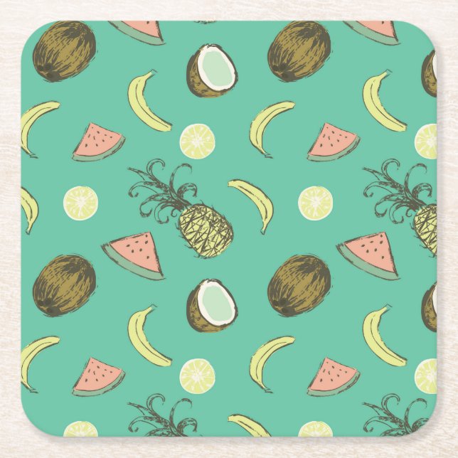 Tropical Fruit Doodle Pattern Square Paper Coaster (Front)