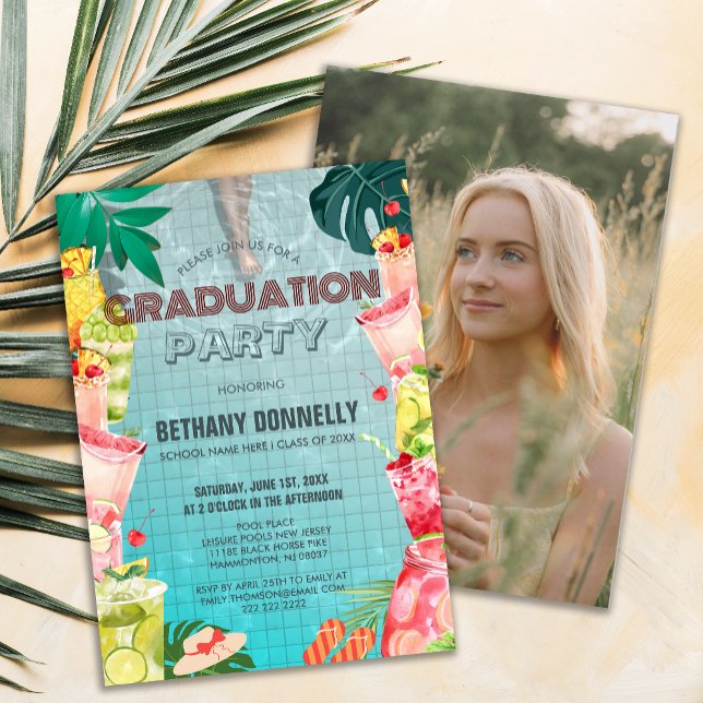 Tropical Fruit Drinks Pool Graduation Party Invitation (Tropical Summer Pool High School Graduation Party Invite )