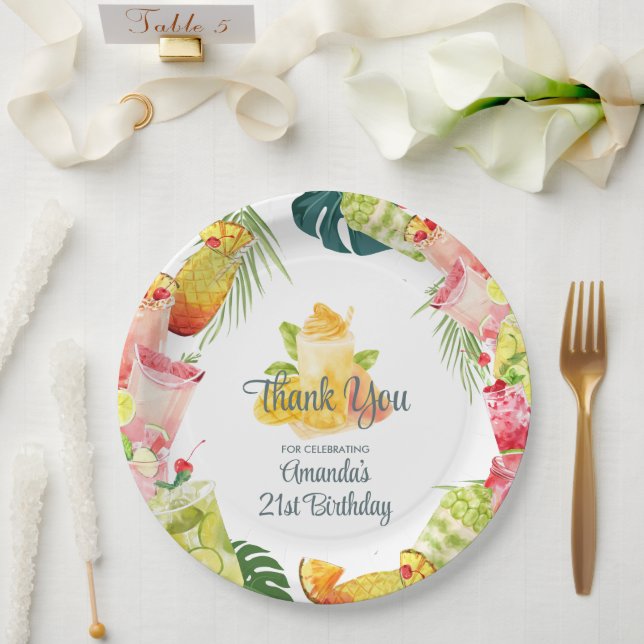Tropical Fruit Drinks Pool Party Adult Birthday Paper Plate (Wedding)