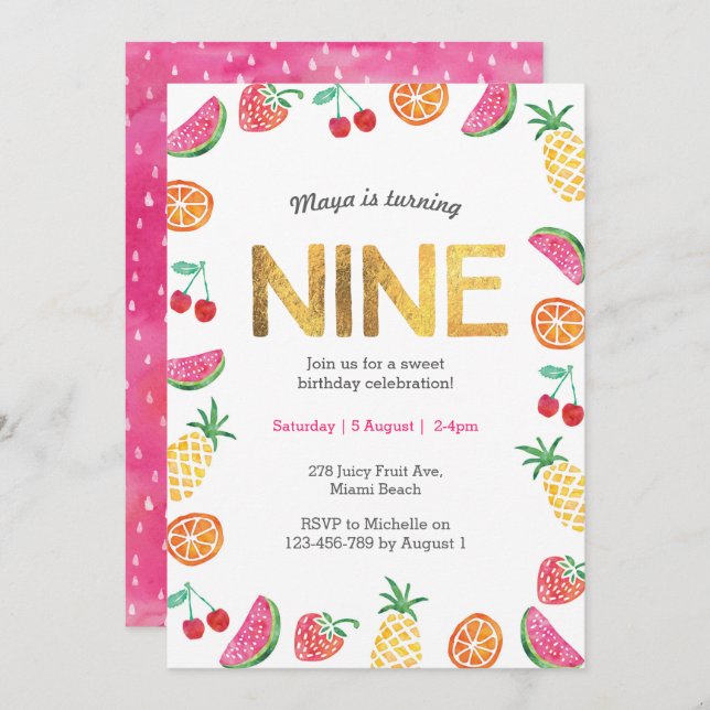 Tropical Fruit Gold 9th Birthday Invitation (Front/Back)