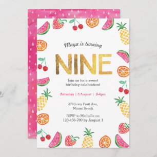 Tropical Fruit Gold 9th Birthday Invitation