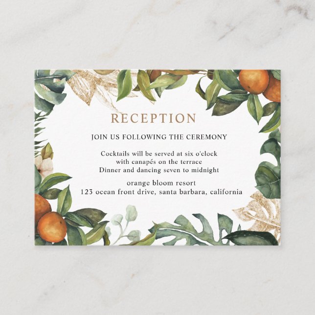 tropical fruit gold foliage Reception Enclosure Card (Front)