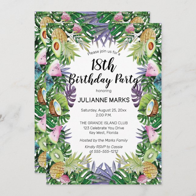 Tropical Fruit Greenery Summer 18th Birthday Party Invitation (Front/Back)