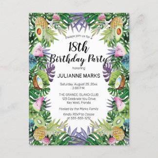 Tropical Fruit Greenery Summer 18th Birthday Party Invitation Postcard