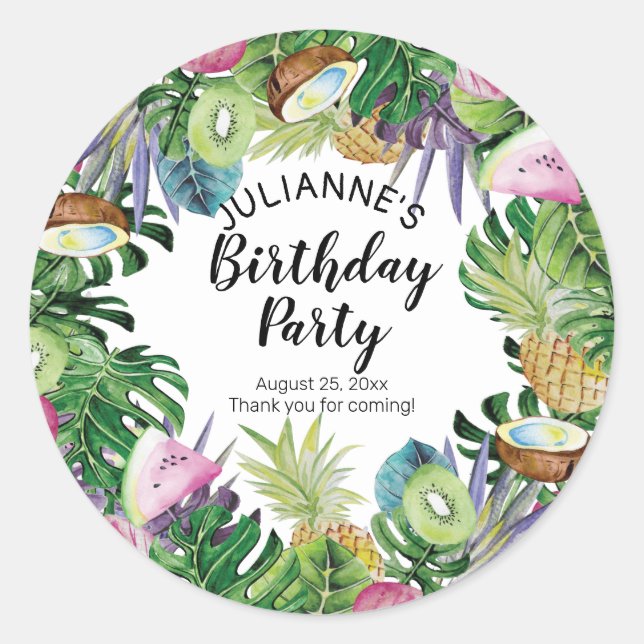 Tropical Fruit | Greenery Summer Birthday Party Classic Round Sticker (Front)