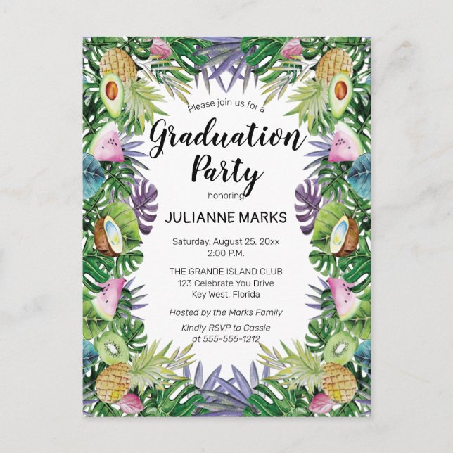 Tropical Fruit | Greenery Summer Graduation Party Invitation Postcard (Front)