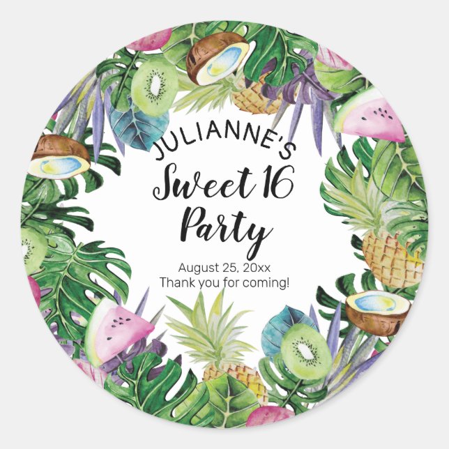 Tropical Fruit | Greenery Summer Sweet 16 Party Classic Round Sticker (Front)