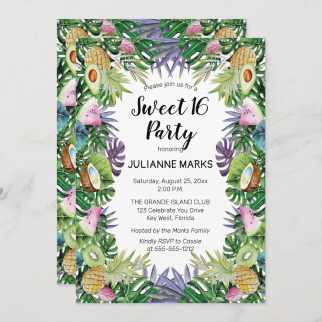 Tropical Fruit | Greenery Summer Sweet 16 Party Invitation (Front/Back)