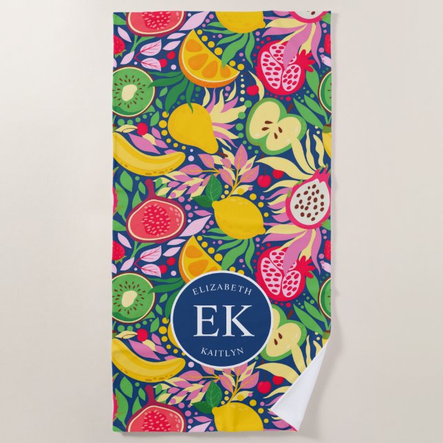 Tropical Fruit Monogram Watercolor Summer Pattern Beach Towel (Front)