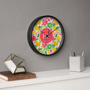Tropical Fruit Monogram Watercolor Summer Pattern Clock