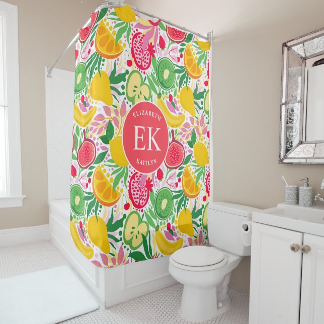 Tropical Fruit Monogram Watercolor Summer Pattern Shower Curtain (In Situ)
