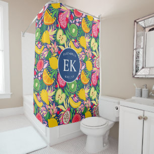 Tropical Fruit Monogram Watercolor Summer Pattern Shower Curtain