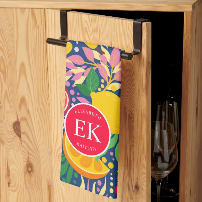 Tropical Fruit Monogram Watercolor Summer Pattern Tea Towel (Thirds Fold)