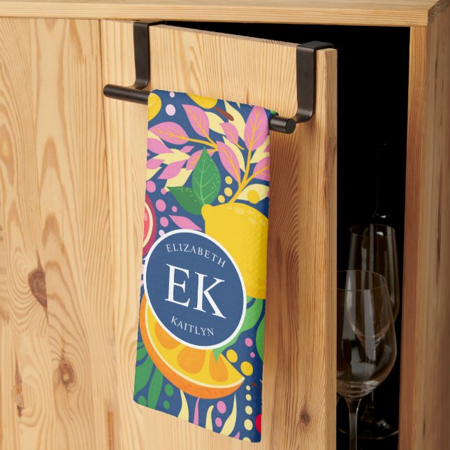 Tropical Fruit Monogram Watercolor Summer Pattern Tea Towel (Thirds Fold)