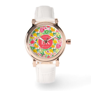 Tropical Fruit Monogram Watercolor Summer Pattern Watch