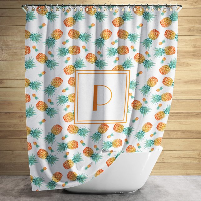 Tropical Fruit Pineapple Pattern Monogrammed Shower Curtain (Modern Monogram Pineapple Fruit Pattern Shower Curtain)