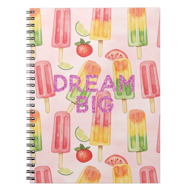 Tropical Fruit Popsicles Pink Dream Glitter Quote Notebook (Front)