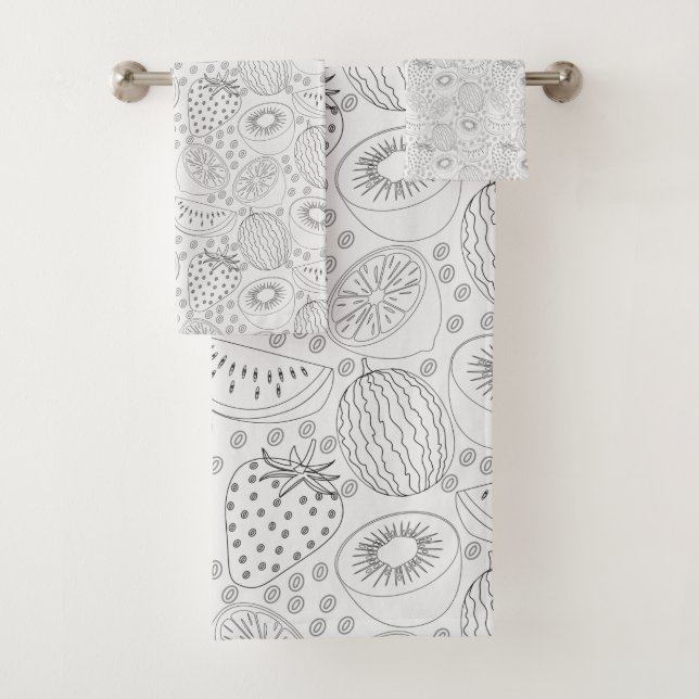 Tropical fruit seamless pattern black and white bath towel set (Insitu)