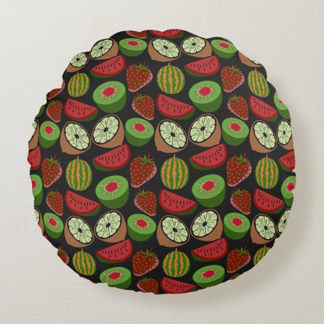Tropical fruit seamless pattern colourful round cushion (Front)